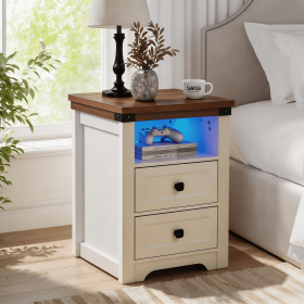 Farmhouse Side Table with Charging Station, Antique Nightstands with Drawers, Bedside Table with Open Shelf for Bedroom Farmhouse Side Table with Charging Station, Antique Nightstands with Drawers, Bedside Table with Open Shelf for Bedroom